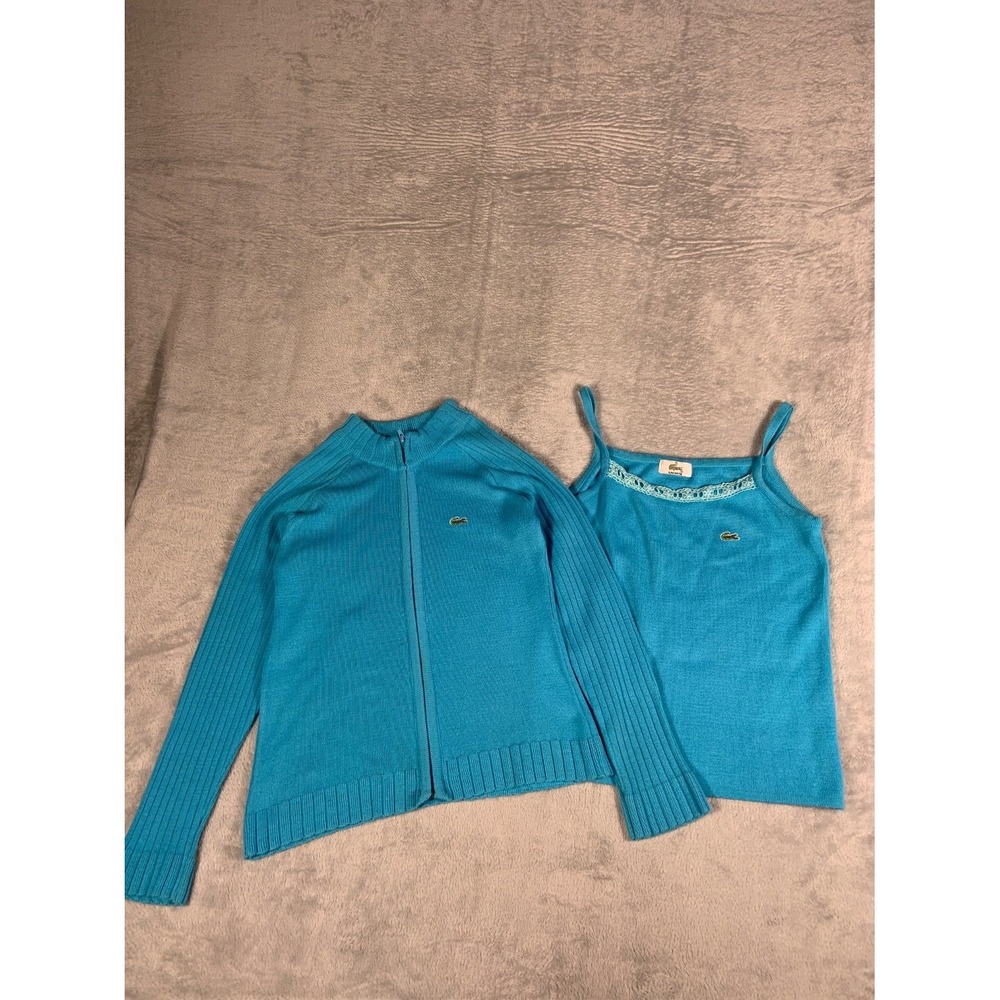 Vtg 90s Lacoste 2pc Set Womens Size 40 Turquoise Knit Zip Cardigan Lace Tank Top
